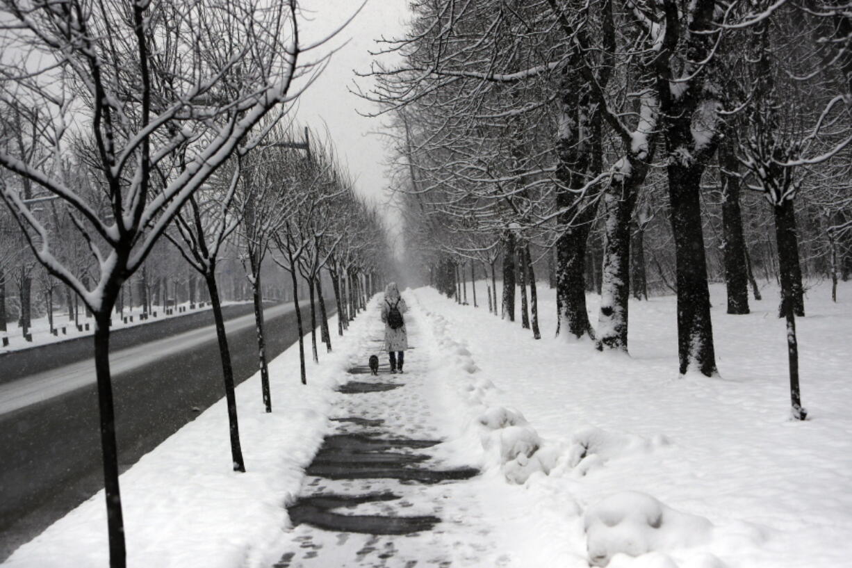 A woman with a dog walks through a snow covered street in Belgrade, Serbia, Sunday, Jan. 17, 2021. MMeteorologists predict sub zero temperatures in Serbia throughout the coming week.