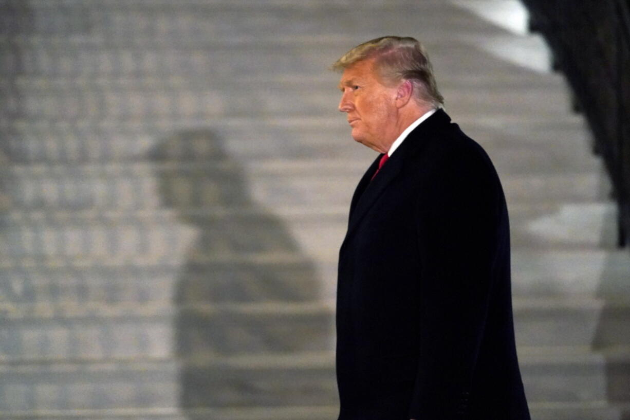 FILE - In this Tuesday, Jan. 12, 2021, file photo, President Donald Trump arrives on the South Lawn of the White House, in Washington, after returning from Texas. Twitter CEO Jack Dorsey broke his silence to defend his company&#039;s ban of Trump as the right decision, but warned that it could set a dangerous precedent.