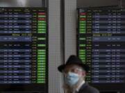 A passenger wears a face mask to protect from coronavirus in the departure hall in Ben Gurion Airport near Tel Aviv, Israel, Sunday, Jan. 24, 2021 during a nationwide lockdown to curb the spread of the virus COVID-19. Prime Minister Benjamin Netanyahu on Sunday said Israel was closing its international airport to nearly all flights as the government races to bring a raging coronavirus outbreak under control.