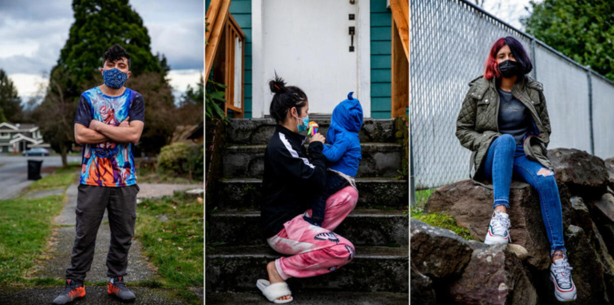 From left: 19-year-old Jose, 20-year-old Argentina and her 15-month-old son, and 15-year-old Suamy. Having each faced the immigration system as unaccompanied minors, the three young organizers are starting a mutual aid group to advocate for and support other unaccompanied and undocumented youth in the Seattle area. The girls both immigrated from Honduras on their own - Argentina when she was 14 years old and Suamy just last year. Jose traveled from El Salvador in 2015, and in 2019 spent time in an immigration detention center until May 2020. The are calling their new group Super Familia.