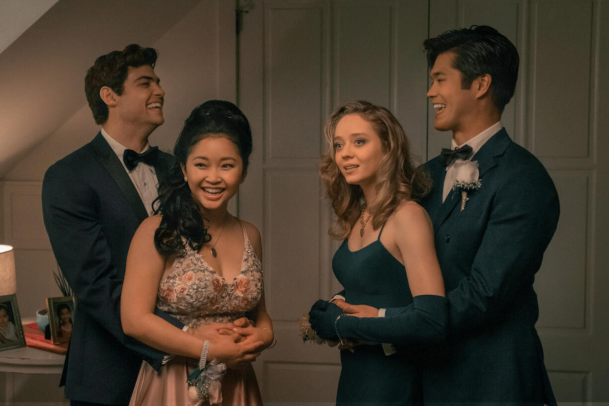 Noah Centineo as Peter Kavinsky, from left, Lana Condor as Lara Jean Covey, Madeleine Arthur as Christine and Ross Butler as Trevor in &quot;To All the Boys: Always and Forever.&quot; (Katie Yu/Netflix)