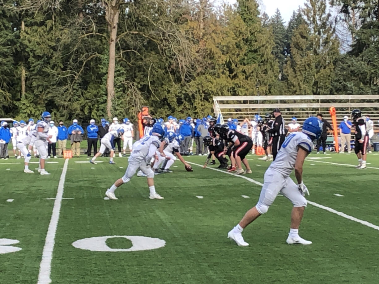 Football was back in action on Sturday, Feb. 20, 2021, as La Center (in white) takes on Fort Vancouver at Kiggins Bowl.