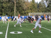Football was back in action on Sturday, Feb. 20, 2021, as La Center (in white) takes on Fort Vancouver at Kiggins Bowl.