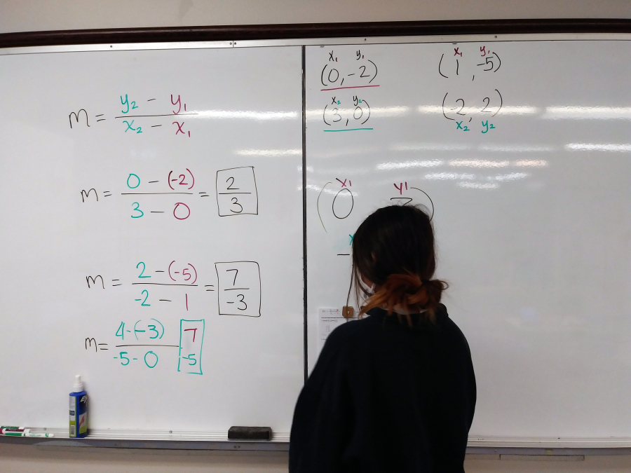 A student looks over math problems on the whiteboard at the Learning Support Center, which is part of the Family Promise of Clark County&#039;s FP Cares Educational Services that launched in November.