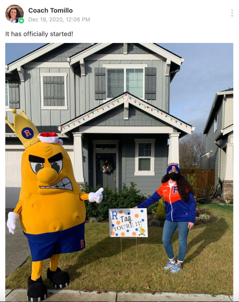 RIDGEFIELD: The Spudder mascot came to help with the first yard signs.