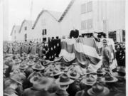 Mayor Percival addresses 8,000 soldiers in front of the recently completed Spruce Production Mill in February 1918. The mill processed the lightweight, flexible wood needed for planes. Of the crowd attending, 2,400 soldiers worked at the mill. The rest came from around the Pacific Northwest. The Spruce Production Division commanded 25,000 soldiers. Three years after his speech before this crowd, well-liked Mayor Percival disappeared, throwing all of Clark County into a tizzy.