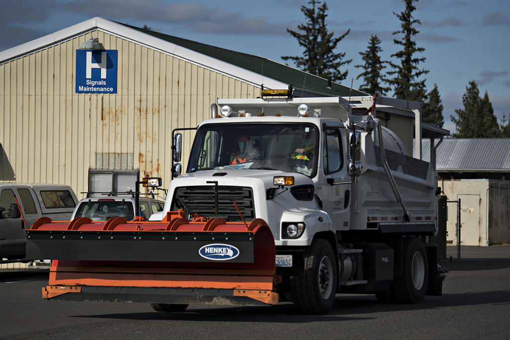 Crews from Clark County Public Works Department are gearing up for the possibility of severe winter weather, as seen Wednesday afternoon, Feb. 10, 2021.