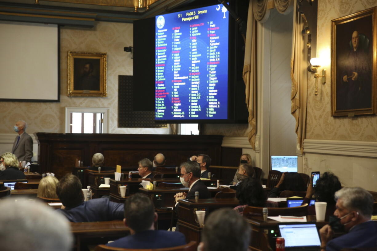 South Carolina Rep. David Hiott, R-Pickens, says a prayer as the House votes on a bill that would ban most abortions in the state on Wednesday, Feb. 17, 2021 in Columbia, S.C. The bill will soon go to the governor.