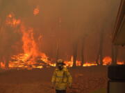 In this photo provided by Department of Fire and Emergency Services, a firefighter attends a fire near Wooroloo, northeast of Perth, Australia, Tuesday, Feb. 2, 2021. An out-of-control wildfire burning northeast of the Australian west coast city of Perth has destroyed dozens of homes and was threatening more.