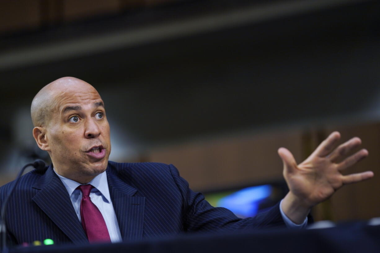 Sen. Cory Booker, D-N.J., speaks during the confirmation hearing for Judge Merrick Garland, nominee to be Attorney General, before the Senate Judiciary Committee, Monday, Feb. 22, 2021 on Capitol Hill in Washington.