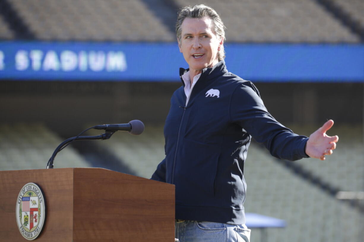 FILE - In this Jan. 15, 2021, file photo, Governor Gavin Newsom addresses a press conference held at the launch of a mass COVID-19 vaccination site at Dodger Stadium in Los Angeles. California could become the next testing ground for the nation&#039;s roiled, unpredictable politics: It&#039;s possible the state known as a Democratic stronghold and beacon for progressive ideals could dump Newsom.