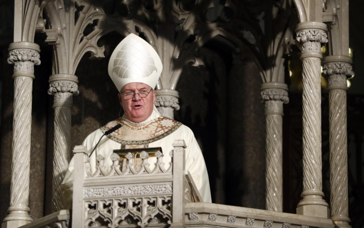 FILE - In this Jan. 6, 2017 file photo, Cardinal Joseph Tobin gives the homily during a Mass installing him as the new archbishop of Newark, in Newark, N.J. Declaring &quot;God is on your side,&quot; Tobin along with the archbishop of Santa Fe, N.M., and six other U.S. bishops issued a statement Monday, Jan. 25, 2021, expressing support for LGBT youth and denouncing the bullying often directed at them. It was released by the Tyler Clementi Foundation, named for the Rutgers University student who took his own life in 2010 after being targeted by online harassment.