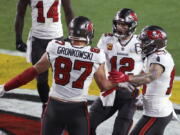 Tampa Bay Buccaneers&#039; Rob Gronkowski (87) reacts after scoring a touchdown during the first half of the NFL Super Bowl 55 football game against the Kansas City Chiefs, Sunday, Feb. 7, 2021, in Tampa, Fla.