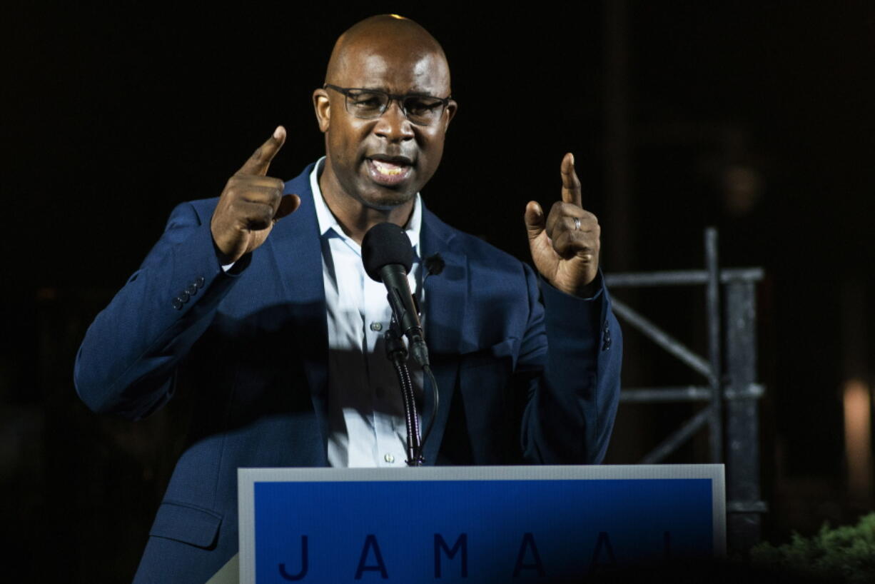 FILE - This June 23, 2020 file photo shows Jamaal Bowman speaking to attendees during his primary-night party.