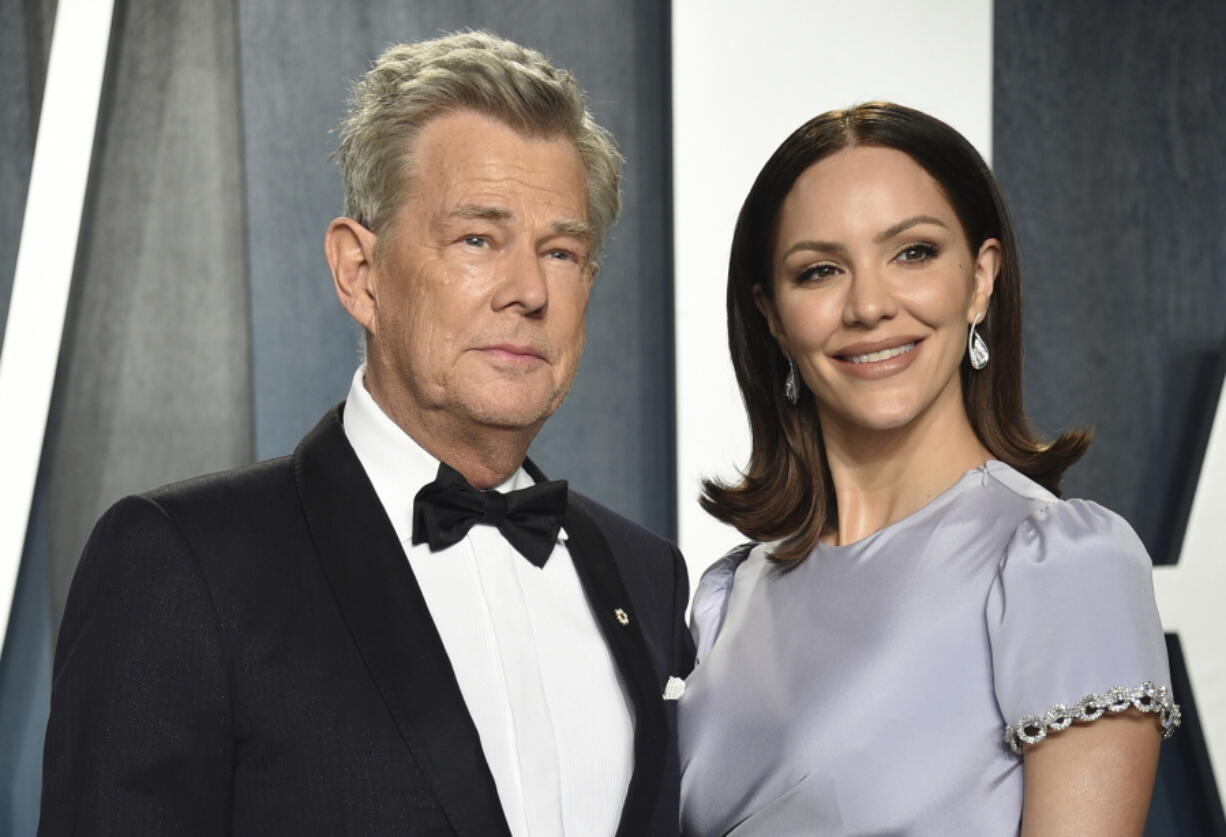 FILE - David Foster, left, and Katharine McPhee arrive at the Vanity Fair Oscar Party on Feb. 9, 2020, in Beverly Hills, Calif. The couple, who wed in 2019, have welcomed a baby boy, McPhee&#039;s publicist confirmed Wednesday, Feb. 24, 2021.