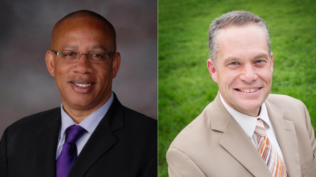 The finalists are Camas School District Superintendent Jeff Snell, right, and Kenneth (Chris) Hurst, superintendent of the Othello School District in Adams County.