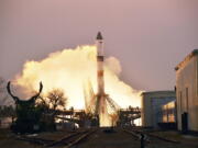 In this photo provided by Roscosmos Space Agency Press Service, the Progress MS-16 cargo blasts off from the launch pad at Russia&#039;s space facility in Baikonur, Kazakhstan, Monday, Feb. 15, 2021. The Russian Progress MS-16 cargo ship blasted off from the Russia-leased Baikonur launch facility in Kazakhstan and reached a designated orbit en route to the International Space Station.