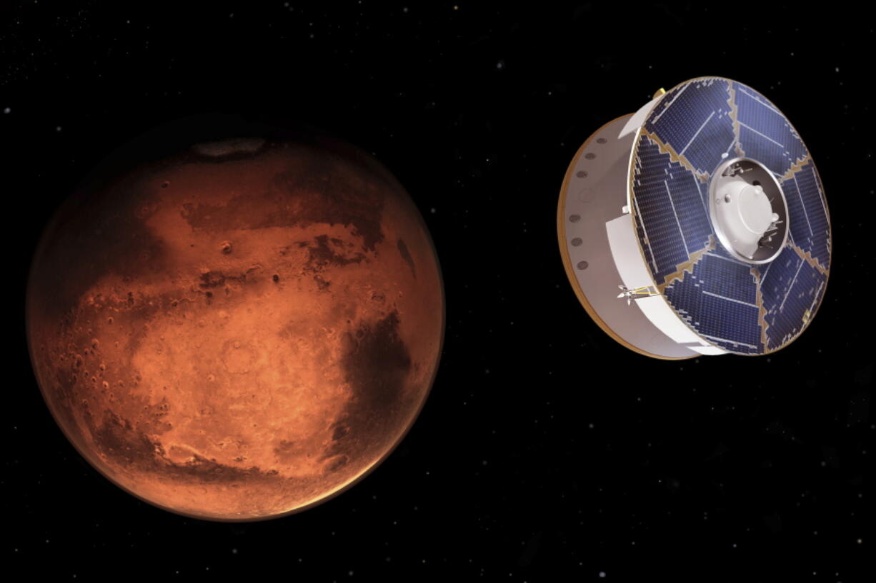 This illustration provided by NASA depicts the Mars 2020 spacecraft carrying the Perseverance rover as it approaches Mars. Perseverance&#039;s $3 billion mission is the first leg in a U.S.-European effort to bring Mars samples to Earth in the next decade.