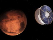 This illustration provided by NASA depicts the Mars 2020 spacecraft carrying the Perseverance rover as it approaches Mars. Perseverance&#039;s $3 billion mission is the first leg in a U.S.-European effort to bring Mars samples to Earth in the next decade.