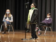 Giovanni Flores, a student at Rankin Elementary School, competes in the Tupelo Public School Disctict and Lee County Spelling Bee on Thursday, Jan. 14, 2021, at the Civic Auditorium of Tupelo Middle School in Tupelo, Miss. Mason Cordell, a seventh grader at Tupelo Middle School was this year&#039;s winner.