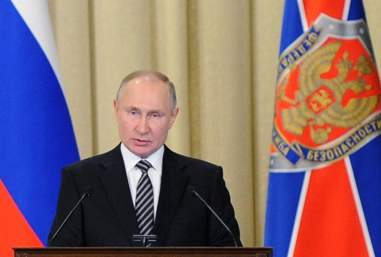 Russian President Vladimir Putin speaks during a meeting of the Federal Security Service (FSB) board in Moscow, Russia, on Wednesday, Feb. 24, 2021.