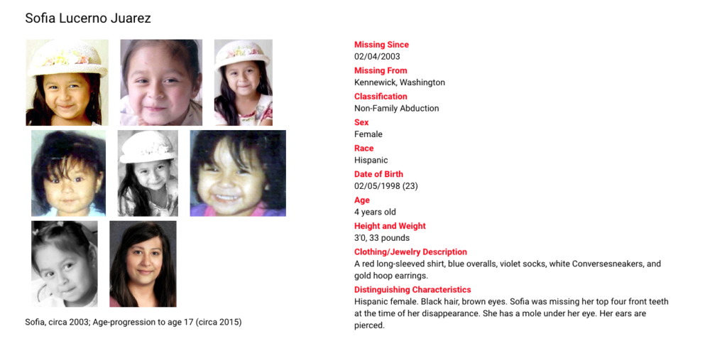 Sofia Lucerno Juarez disappeared the day before her 5th birthday on Feb. 4, 2003. The Charley Project website includes an age-progression photo showing what she may have looked like at age 17.