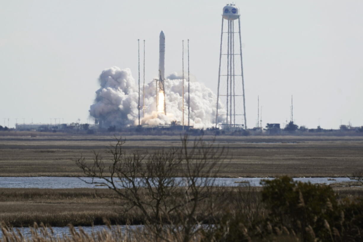 Northup Grumman&#039;s Antares rocket lifts off the launch pad at NASA&#039;s Wallops Island flight facility in Wallops Island, Va., Saturday, Feb. 20, 2021. The rocket is delivering cargo to the International Space Station.