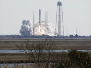 Northup Grumman&#039;s Antares rocket lifts off the launch pad at NASA&#039;s Wallops Island flight facility in Wallops Island, Va., Saturday, Feb. 20, 2021. The rocket is delivering cargo to the International Space Station.