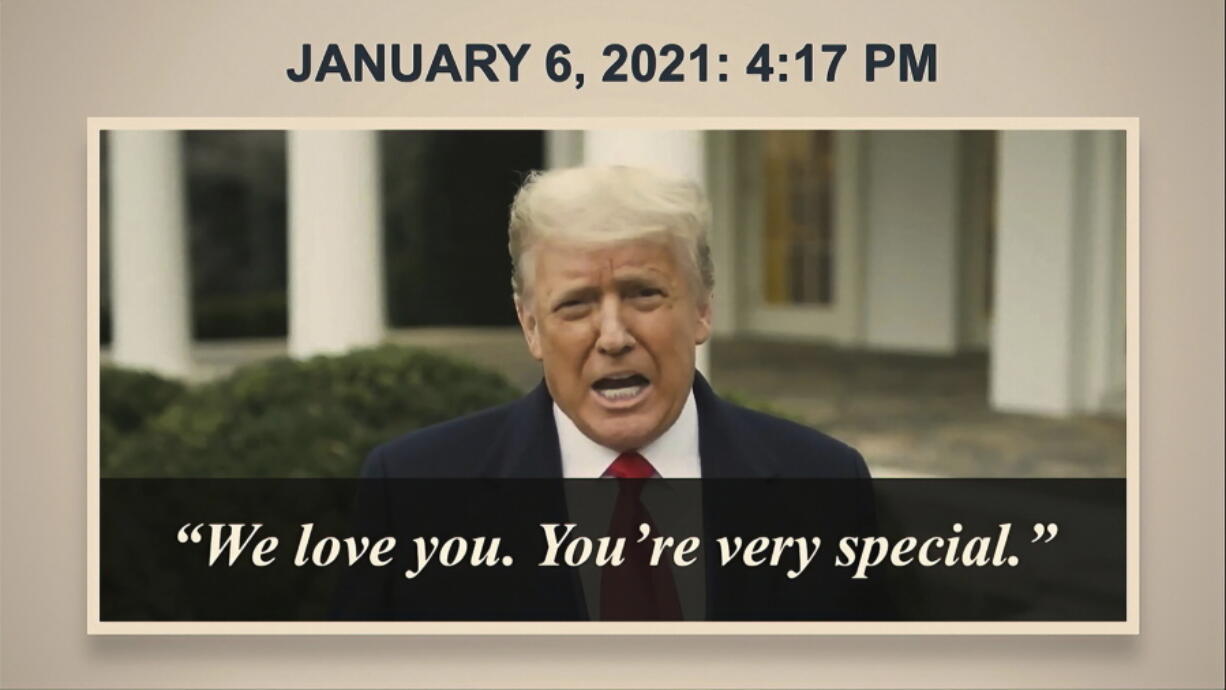 In this image from video, a video from Donald Trump is shown to senators as House impeachment manager Rep. Jamie Raskin, D-Md., speaks during the second impeachment trial of former President Donald Trump in the Senate at the U.S. Capitol in Washington, Wednesday, Feb. 10, 2021.