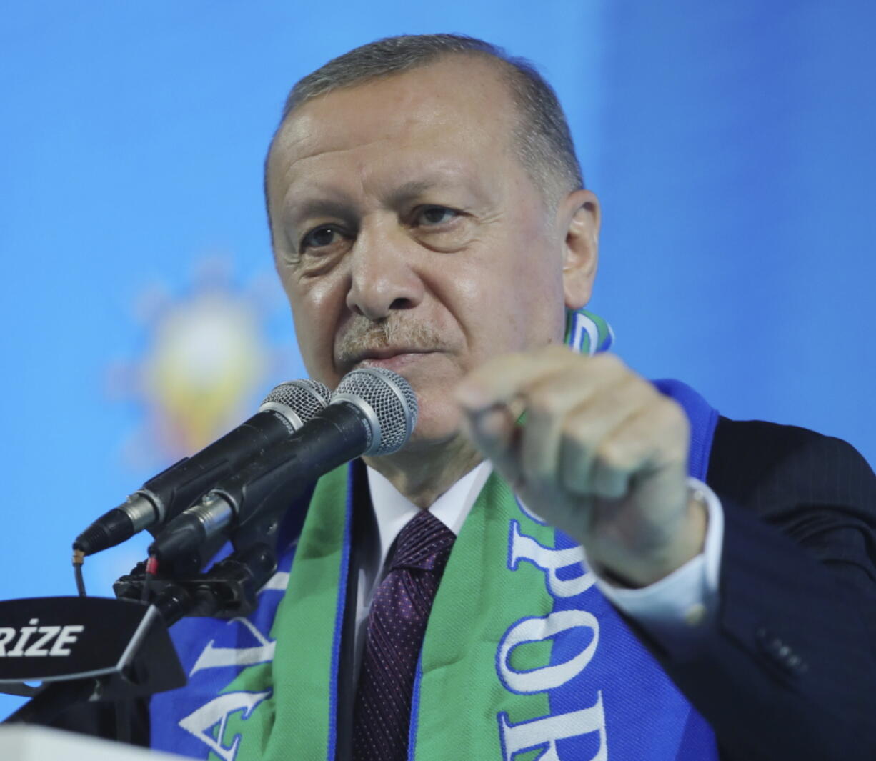 Turkish President Recep Tayyip Erdogan addresses his ruling party&#039;s supporters in the Black Sea city of Rize, Turkey, Monday, Feb. 15, 2021.