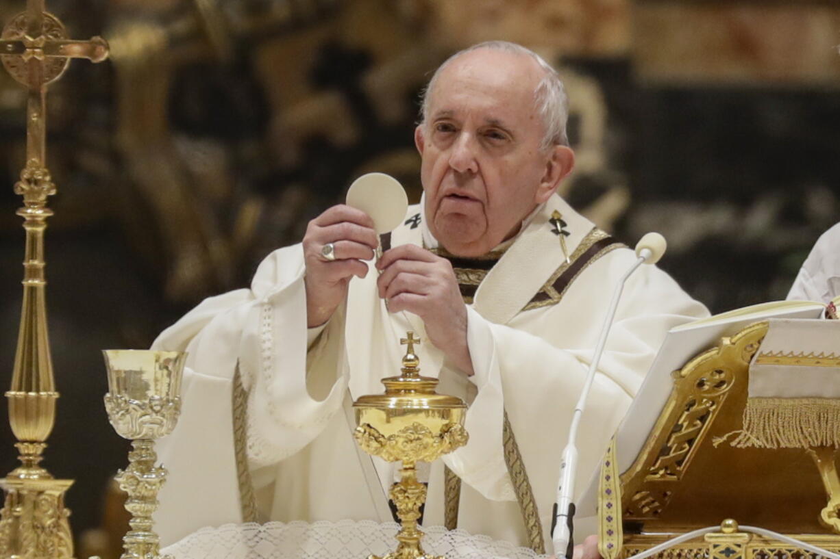 Pope Francis celebrates a Mass with members of religious institutions on the occasion of the celebration of the World Day of Consecrated Life, in St. Peter&#039;s Basilica at the Vatican, Tuesday, Feb. 2, 2021.