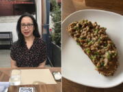 This combination of photos shows Anne Alderete at a restaurant on Aug. 12, 2020, left, and a dish of natto and chives on gluten free sourdough bread. Whether it&#039;s kimchi, beets or broccoli, the pandemic has had a strange impact on food cravings. Alderete is enjoying something she never thought she would: natto. Made of fermented soy beans, natto is popular in Japan but considered too slimy and stinky for some. (J. Alderete, left, and A.