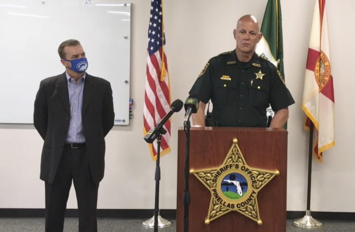 In this screen shot from a YouTube video posted by the Pinellas County Sheriff&#039;s Office, Pinellas County Sheriff Bob Gualtieri speaks during a news conference as Oldsmar, Fla., Mayor Eric Seidel, left, listens, Monday, Feb. 8, 2021, in Oldsmar, Fla. Authorities say a hacker gained access to Oldsmar&#039;s water treatment plant in an unsuccessful attempt to taint the water supply with a caustic chemical.