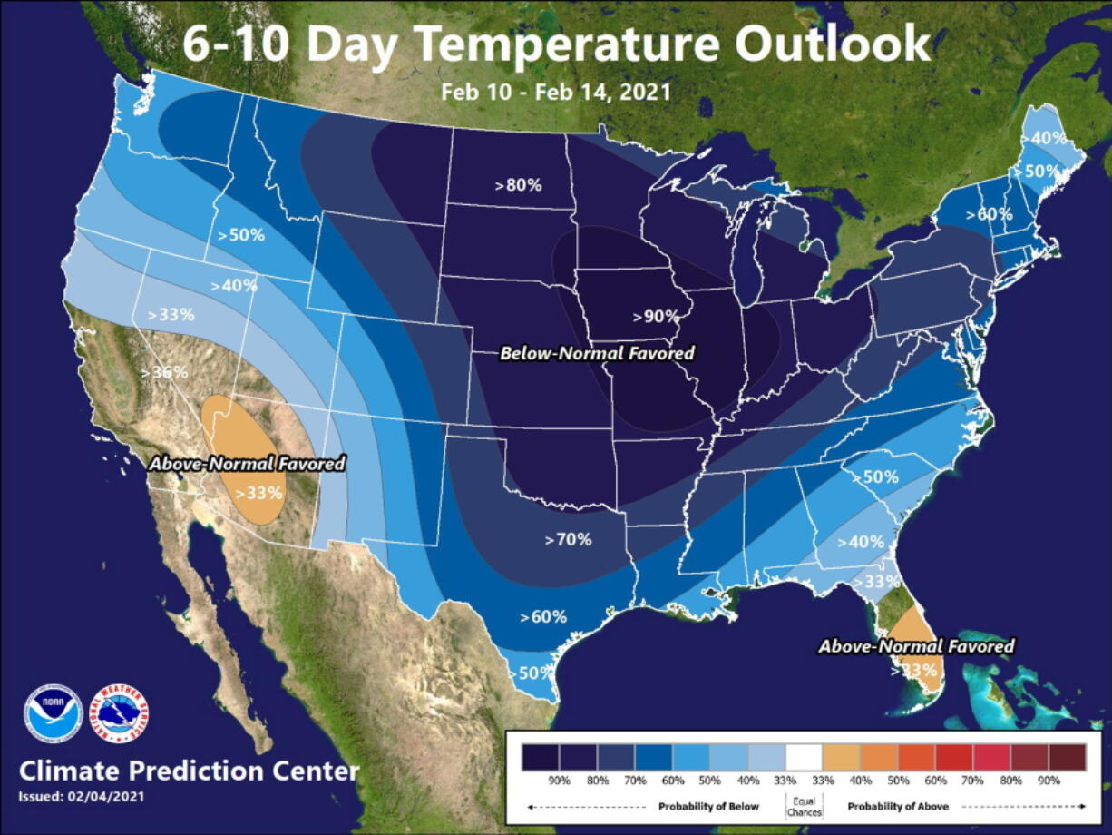 This illustration made available by the National Weather Service on Thursday, Feb. 4, 2021 shows a Feb. 10-14 forecast for below-normal temperatures for large parts of the United States. The mid-February killer freeze was no surprise and yet catastrophe happened. Meteorologists, government and private, saw it coming, some nearly three weeks in advance. They started sounding warnings two weeks in advance. They talked to officials. They tweeted and used other social media and were downright blunt.