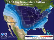 This illustration made available by the National Weather Service on Thursday, Feb. 4, 2021 shows a Feb. 10-14 forecast for below-normal temperatures for large parts of the United States. The mid-February killer freeze was no surprise and yet catastrophe happened. Meteorologists, government and private, saw it coming, some nearly three weeks in advance. They started sounding warnings two weeks in advance. They talked to officials. They tweeted and used other social media and were downright blunt.