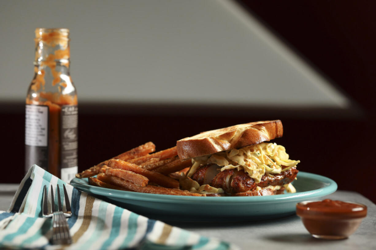 Spicy fish and slaw sandwich, prepared and styled by Shannon Kinsella.