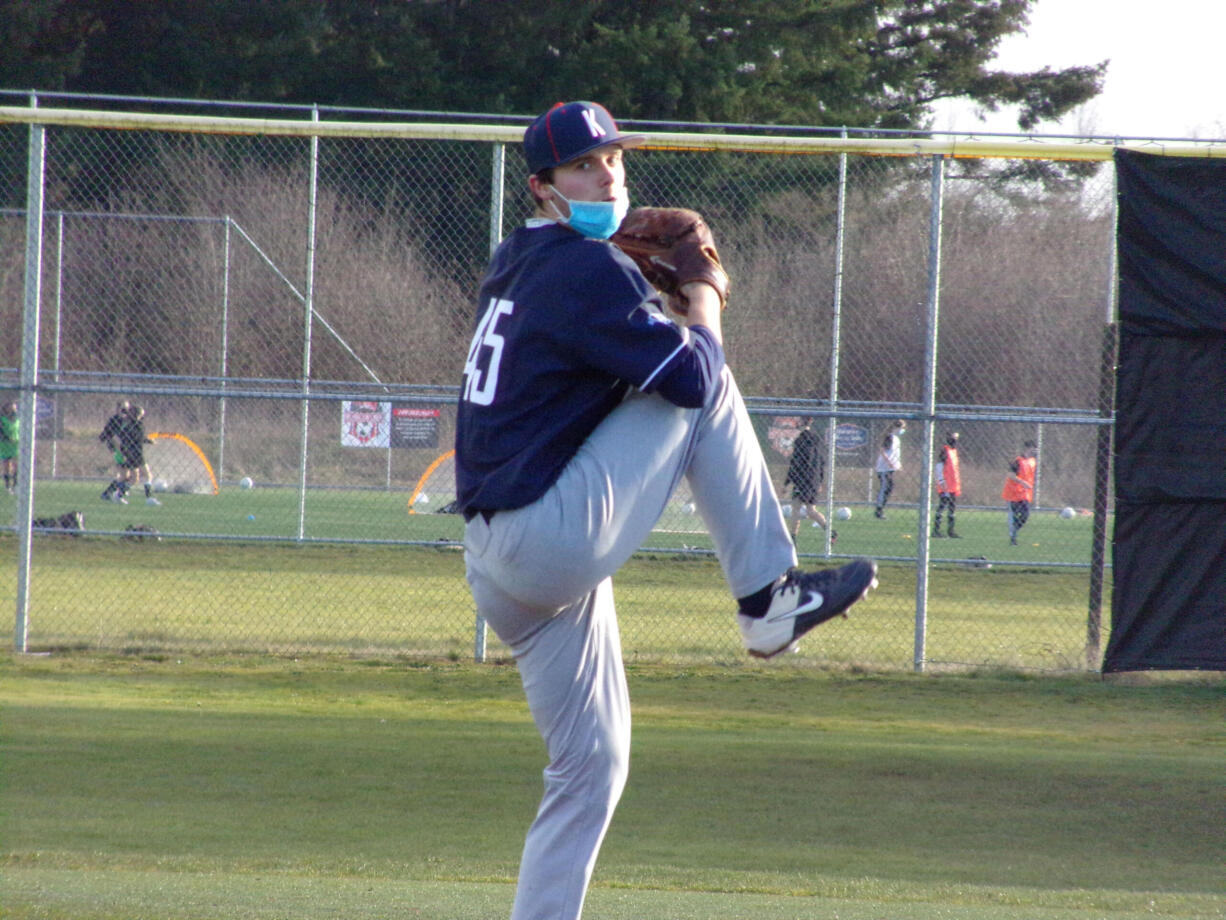 King's Way Christian pitcher Bryce Dodge delivers a pitch during a game against Seton Catholic at Harmony Sports Complex on March 22, 2021 (Tim Martinez/The Columbian)