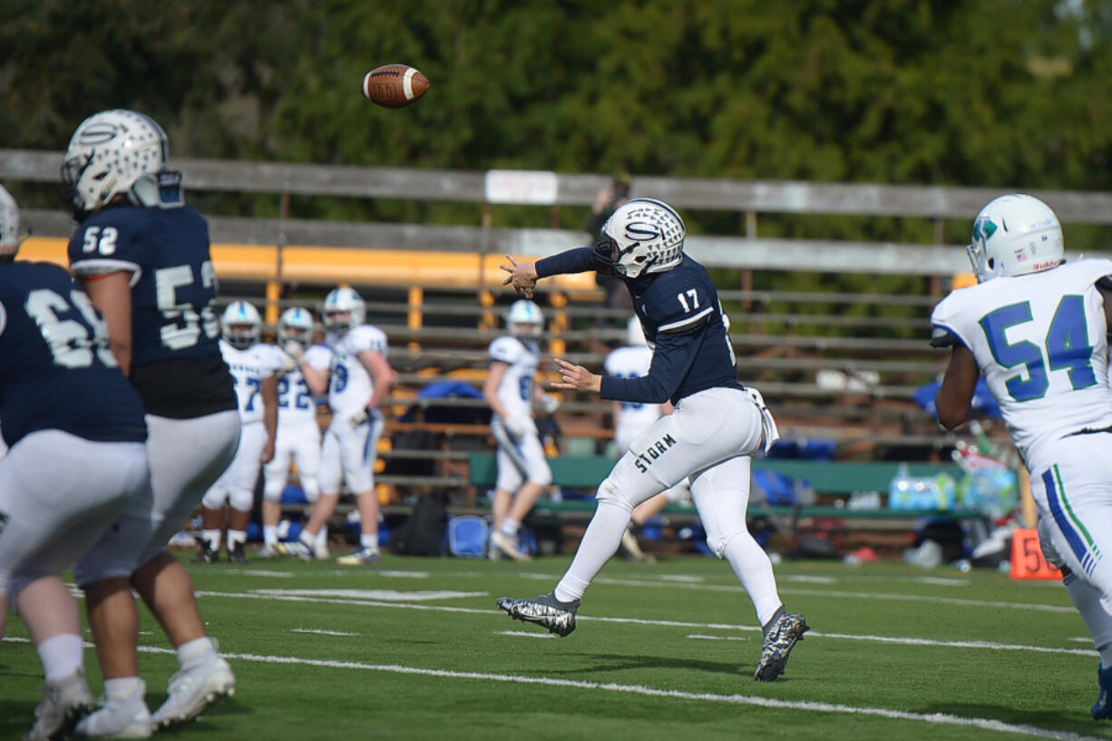 Skyview quarterback Clark Coleman (17) threw touchdowns of 51, 15, 14 and 26 yards to four different receivers and ran for an 8-yard score on Saturday, March 27, 2021, against Mountain View.