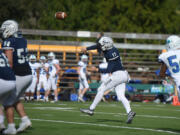 Skyview quarterback Clark Coleman (17) threw touchdowns of 51, 15, 14 and 26 yards to four different receivers and ran for an 8-yard score on Saturday, March 27, 2021, against Mountain View.