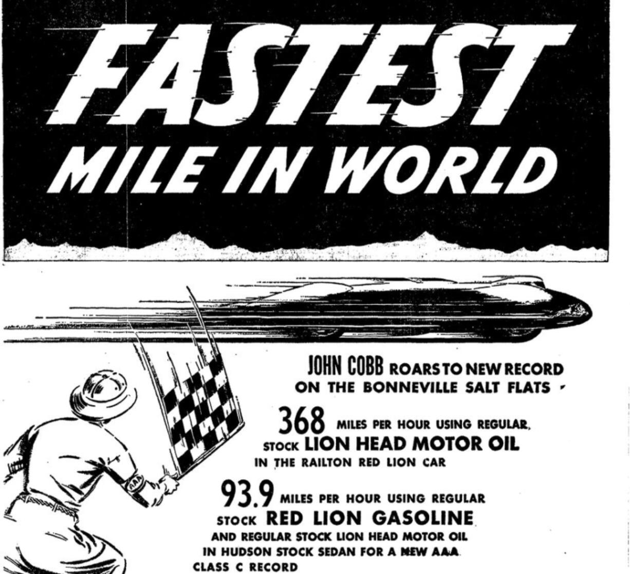 An ad in The Oregon Journal used John Cobb&#039;s world record to sell motor oil.