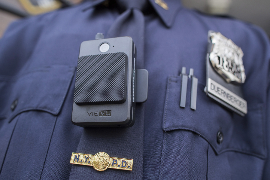 A police officer wears a newly issued body camera outside the 34th precinct in New York in 2017. The Clark County Sheriff&#039;s Office would like to start a pilot program to use body cameras.