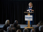 Mayor Anne McEnerny-Ogle thanks her fellow council members as she begins her second State of the City address at City Hall in Vancouver in 2019. This year's State of the City address was delivered online Monday evening.