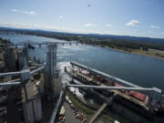 A vessel named the Agios Nikolas receives a load of red wheat as it stops at United Grain Corporation on the Port of Vancouver campus on its way to Vietnam in 2021.(Amanda Cowan/The Columbian files)