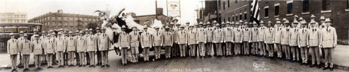 The Prunarians gather during their 1920 Prune Festival for a photo in front of the Prune Princess. Three men formed the group to save the prune business in Clark County after a silver thaw damaged the harvest so much it never quite recovered. The group grew to about 60 and included men beyond the industry, including Judge George Simpson. Despite the groups&#039; enthusiasm, the area lost to Southern California and the local prune business dried up.