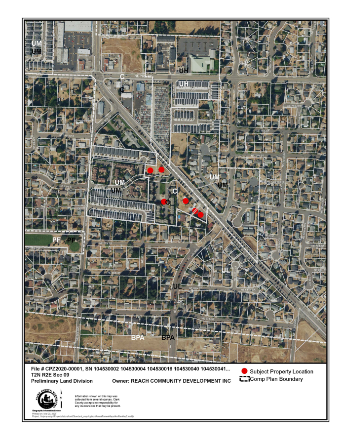 An aerial view of the neighborhood that includes the site of the proposed zoning change (red dots) and convenience stores just north at the intersection of Northeast 76th Street and Northeast Covington Road.