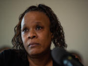 Tammi Bell answers questions about the killing of her son, Kevin Peterson, Jr., by police in Clark County, during a press conference at the Aero Club Banquet Room in Vancouver on Thursday morning, March 18, 2021.