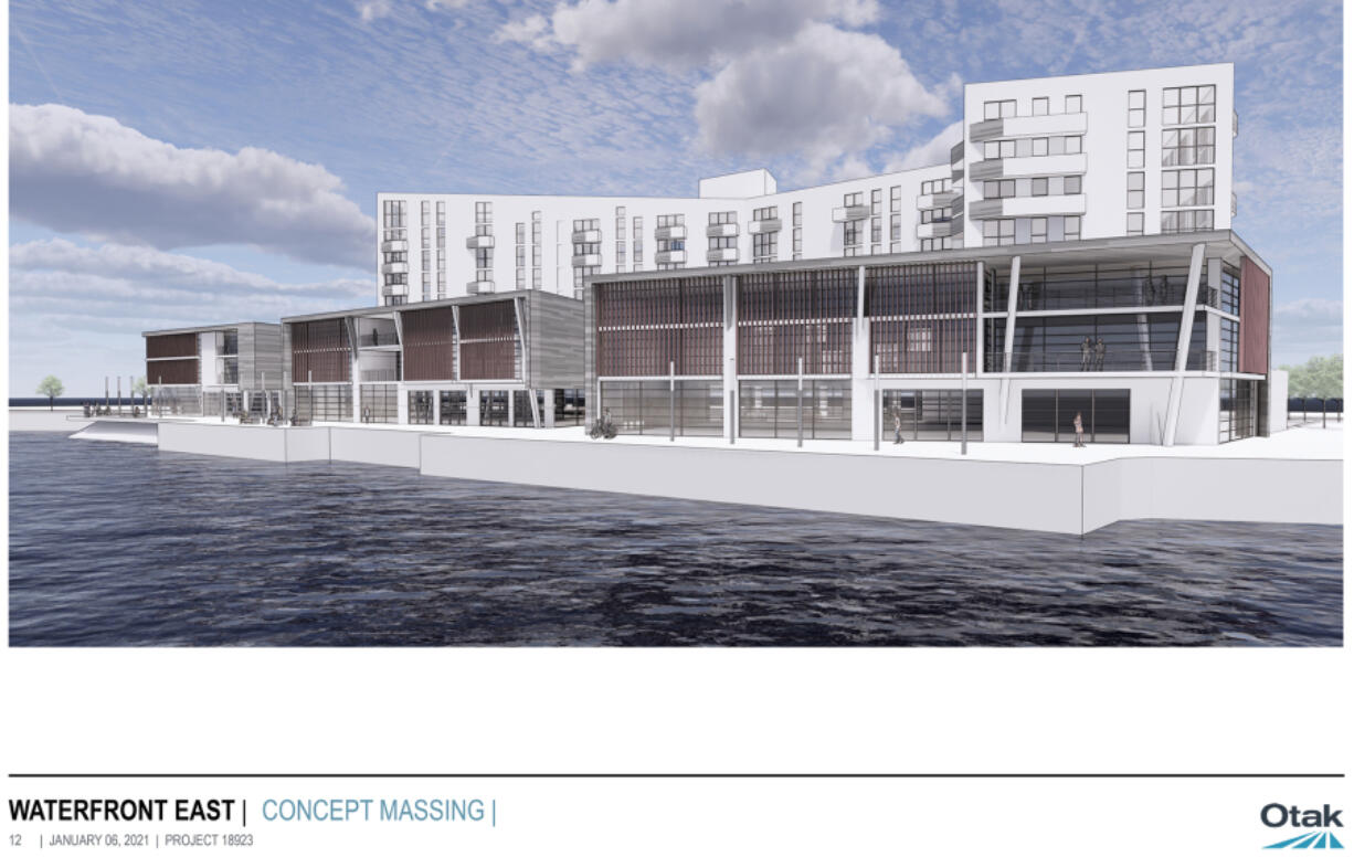 Renderings visualize a proposed development on a 2.3-acre area just east of the Interstate 5 Bridge, the current location of Who Song &amp; Larry&#039;s and the former Joe&#039;s Crab Shack restaurants. Kirkland Development plans to construct four mixed-use buildings on the site with space for restaurants, retail and apartments, as well as a 309-space underground parking lot and a public boardwalk.