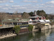 The former Joe&#039;s Crab Shack building and Who Song &amp; Larry&#039;s pictured from the Interstate 5 Bridge.