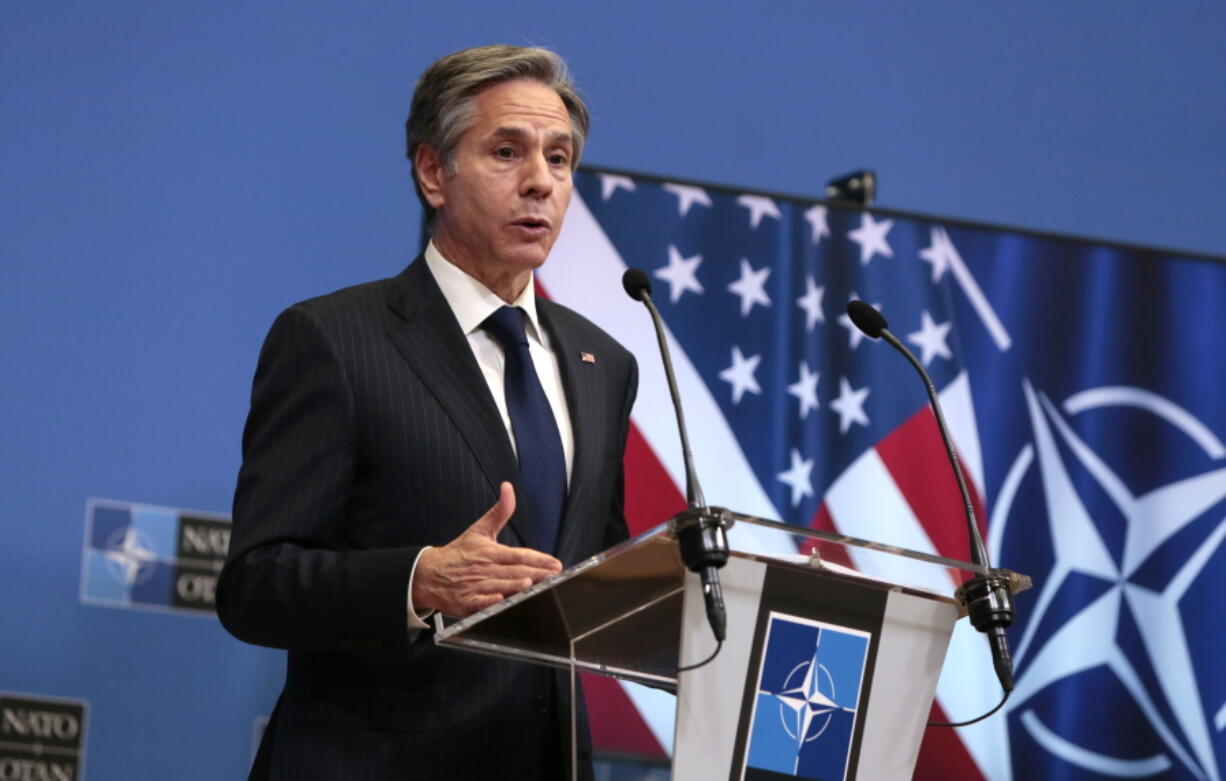 U.S. Secretary of State Antony Blinken speaks during a media conference after a meeting of NATO foreign ministers at NATO headquarters in Brussels on Wednesday, March 24, 2021.