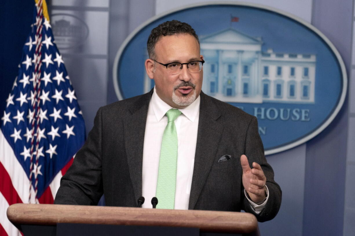 Education Secretary Miguel Cardona speaks during a press briefing at the White House, Wednesday, March 17, 2021, in Washington.